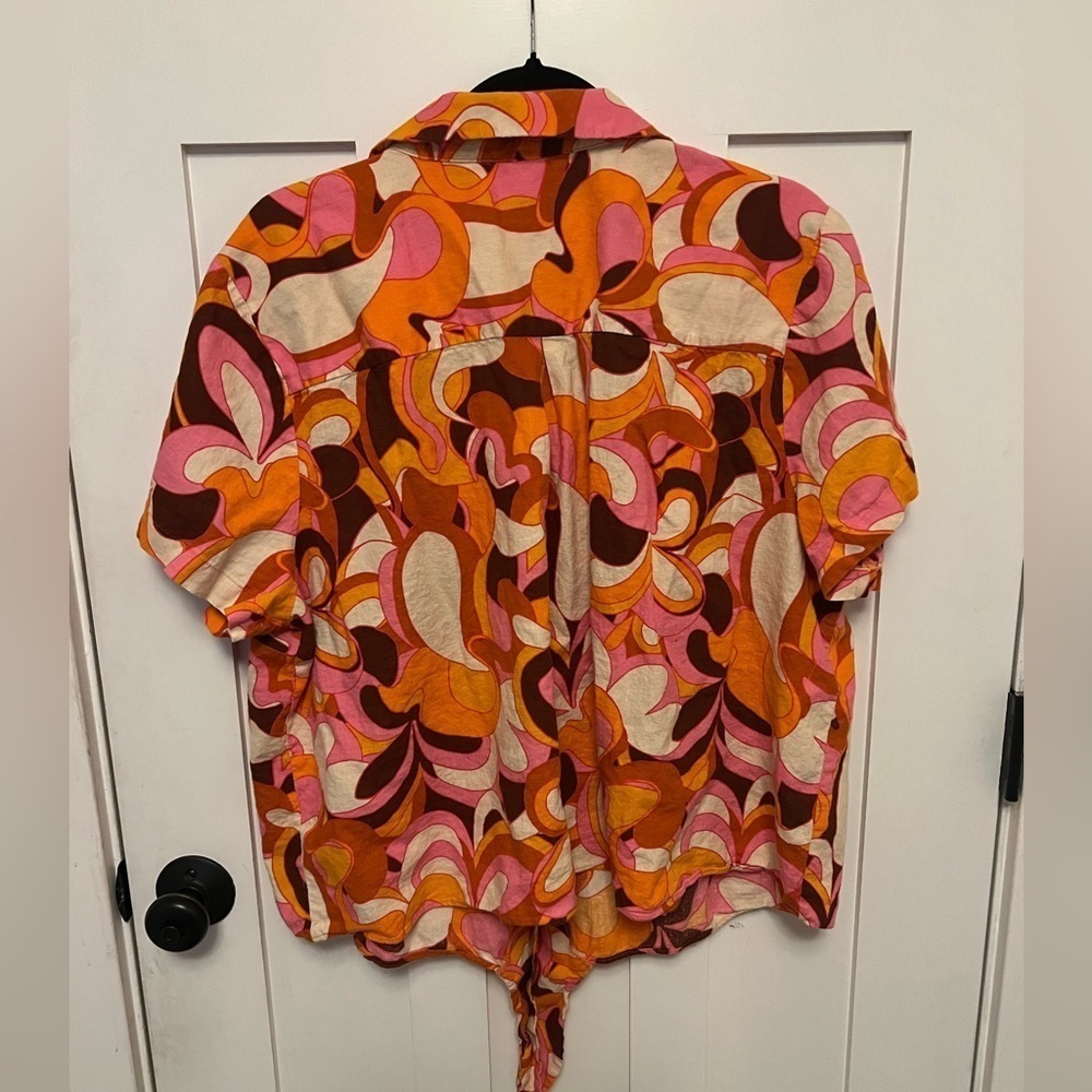 Ava & Viv Linen Blend Psychedelic Top Plus Sz 2X Tie Hem Retro 70s Hippie Groovy - Picture 5 of 9